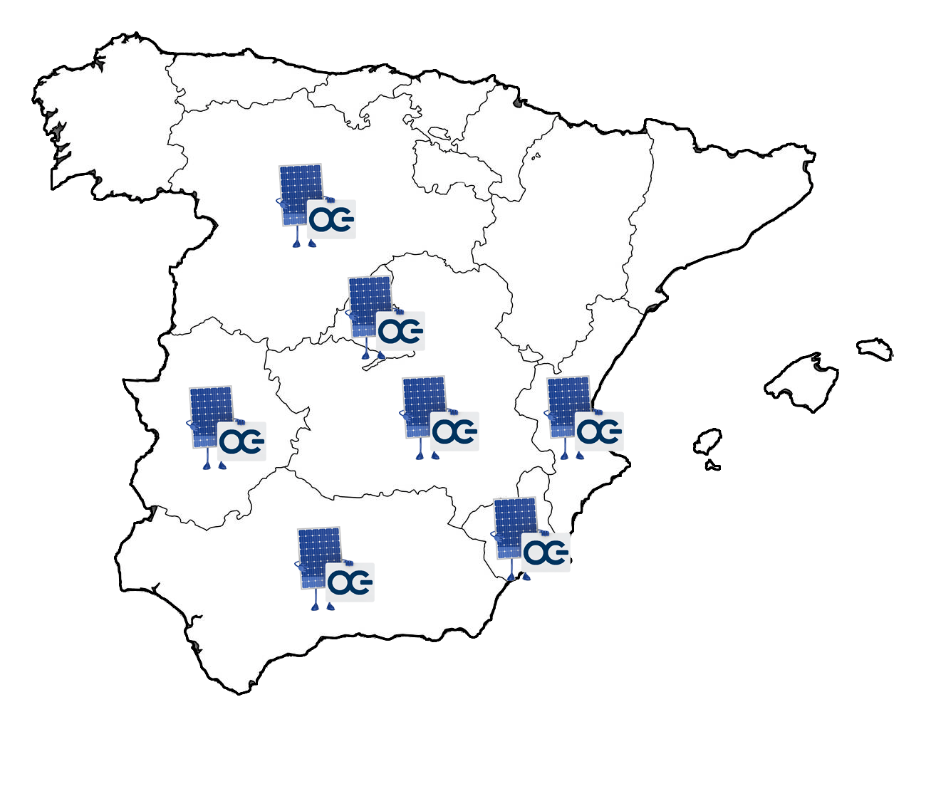 Mapa de España con las zonas donde instalamos placas solares